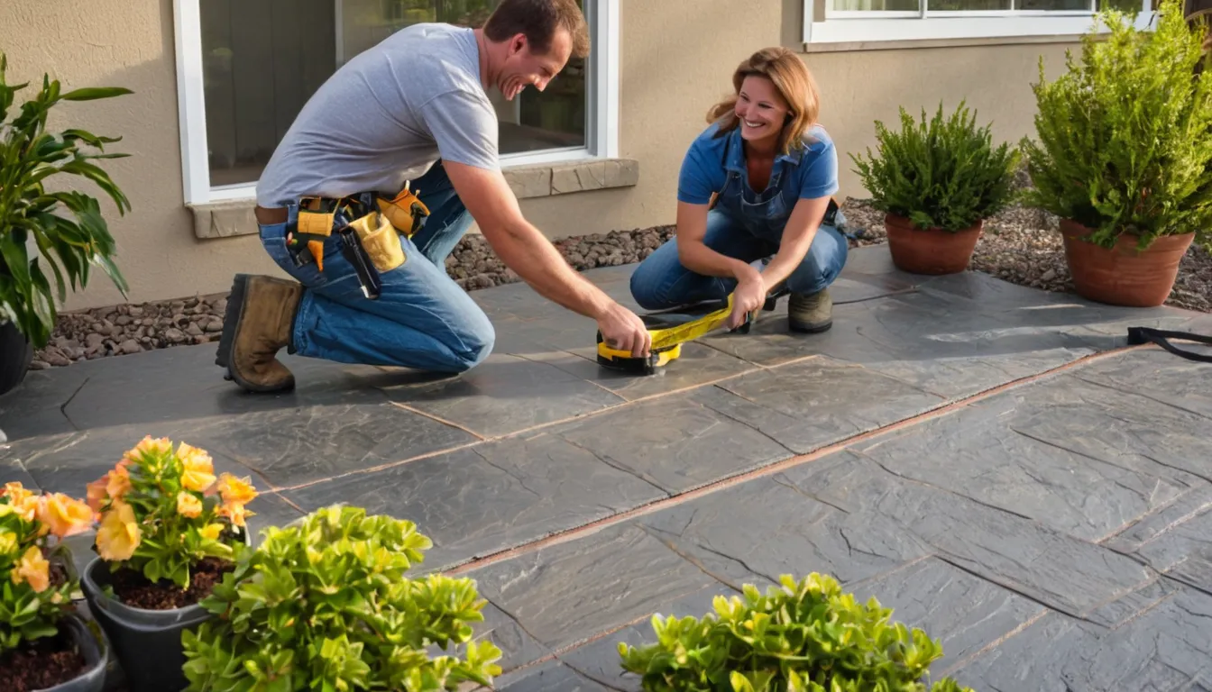 Homeowner and local provider reviewing a slate-pattern stamped concrete patio behind a stucco home in Glendale